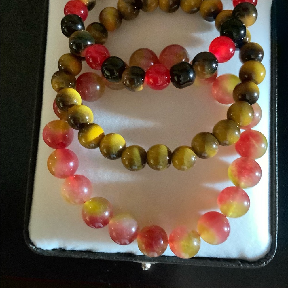 Multicolor Beaded Stretch Bracelet - Red, Yellow, Brown, all natural stones